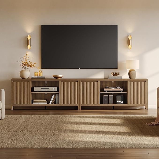 SICOTAS Fluted TV Stand for 55 65 inch TV - Large TV Consoles for Living Room Bedroom, Mid Century Modern Entertainment Center with Storage Cabinet, Wooden Television Stands Media Console, Caramel Oak - Image 9