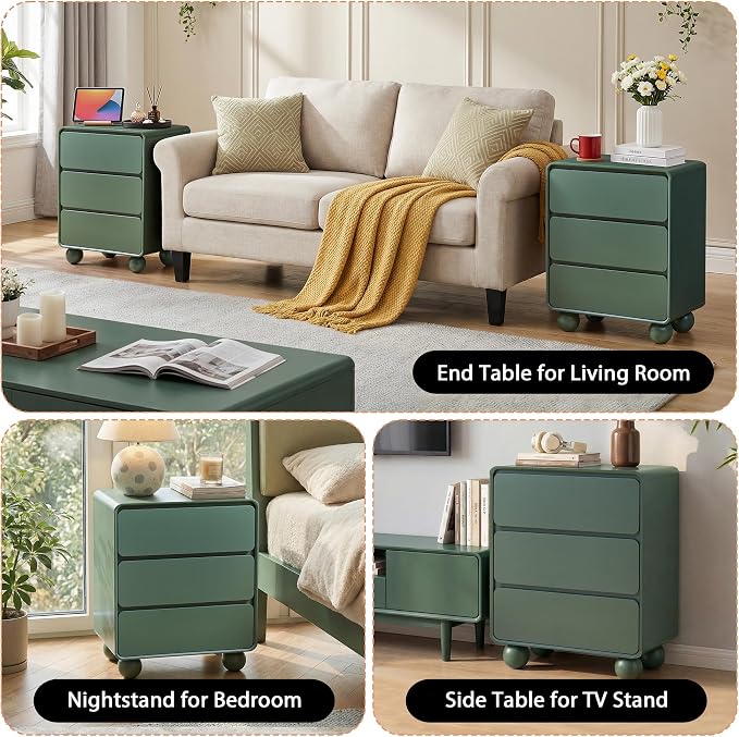 AVZEAR Wooden Night Stand wth 3 Drawer Dresser Mid Century Modern End Table Chest of Drawers, Solid Wood Legs & Curved Profile Design, Farmhouse Side Table for Living Room, Green - Image 8