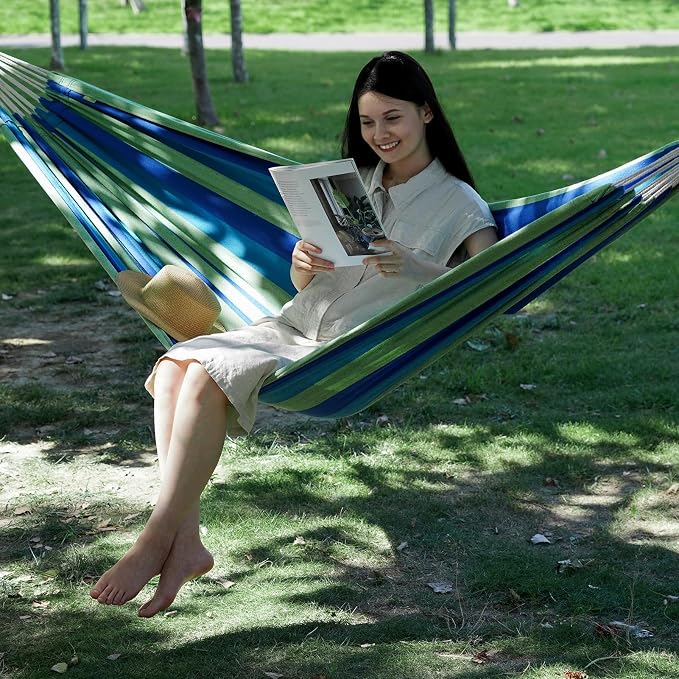 2 Persons Hammock - Portable Camping Bed for Patio, Backyard, Porch, Outdoor and Indoor Use - Soft Cotton Hammock with Carrying Bag - Image 4