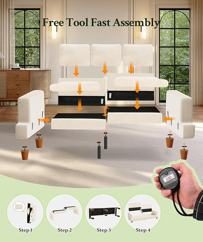 87.2" Couches for Living Room, Comfy Beige Couch 7.5" Extra Thick Cushion, Sofas for Living Room Tool-Free Setup, Loveseat Sofa 848lbs Support, Corduroy Couch for Bedroom, Apartment, Office