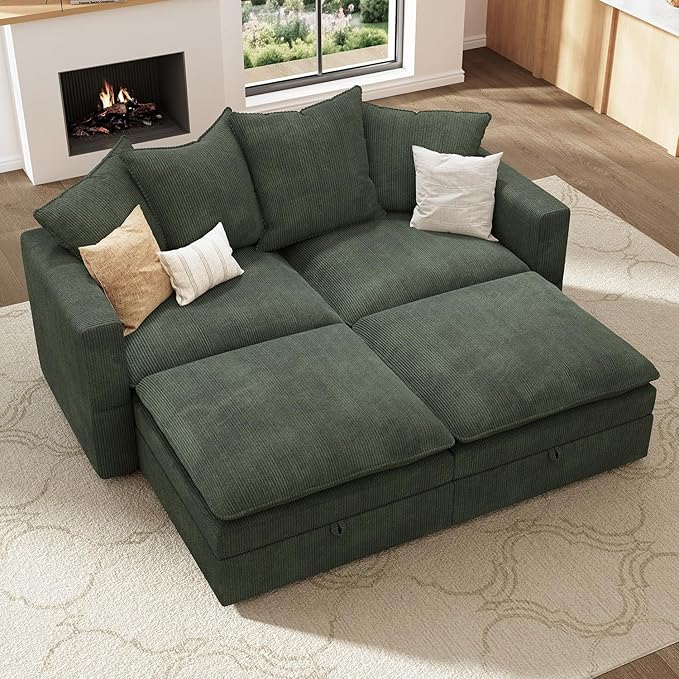 HONBAY Modular Sectional Sleeper Sofa, Corduroy 4 Seater Couch with Storage, Sectional Sleeper Couches for Living Room, Green