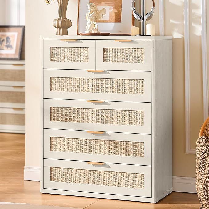 LEYAOYAO White Dresser for Bedroom, 41" Tall Chest of Drawers, Modern 6 Drawers Boho Rattan Dressers with Storage, Dresser Wooden Closet Organizer for Living Room, Hallway - Image 6