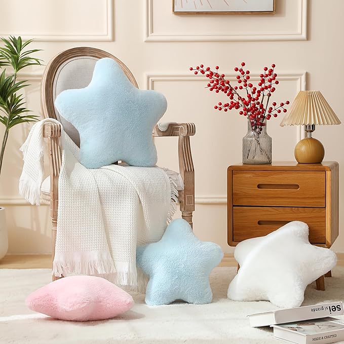 YRXRUS Star Pillows, Light Blue Star Shaped Pillow, Decorative Throw Pillow Gifts, Cute Plush Room Decor, Fluffy Faux Rabbit Fur 18"x18" Pillows for Living Bedroom