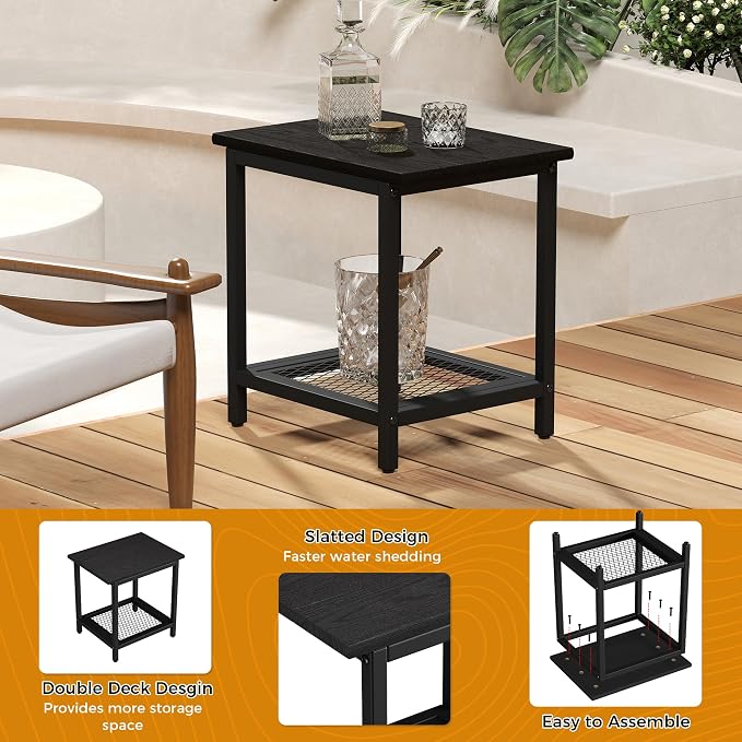 2-Tier Outdoor Side Table with Storage, Weather Resistant Patio End Table, HDPS Small Accent Table for Deck, Garden, Pool, Backyard, Black - Image 4