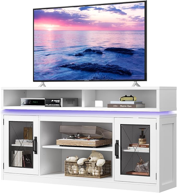 WLIVE Farmhouse TV Stand for TVs Up to 65 Inches, Tall Entertainment Center with Storage Cabinets & LED Lights, Media Console for Living Room, Bedroom, Home Theater, White by WLIVE