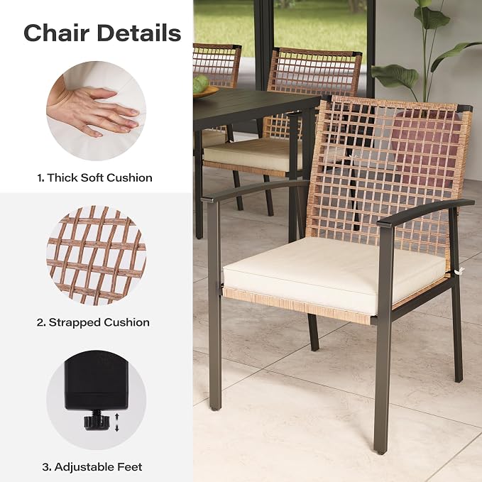 LAUSAINT HOME 7 Pieces Patio Dining Set, Outdoor Furniture Set of 6 Chairs with Soft Cushion and Iron Slats Table Top with Umbrella Hole, Conversation Set for Backyard, Garden and Poolside - Image 3