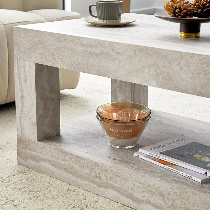 LKTART 39.37" Faux Travertine Stone Coffee Table with Storage, 2-Tier Mid Century Rectangular Accent Table with Thick Tabletop, Rustic Style Cocktail, Center Table for Living Room, Office(Beige)