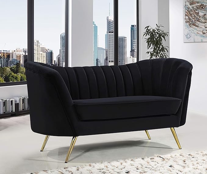 Meridian Furniture Margo Collection Modern | Contemporary Velvet Upholstered Loveseat with Deep Channel Tufting and Rich Gold Stainless Steel Legs, Black, 65" W x 30" D x 33" H