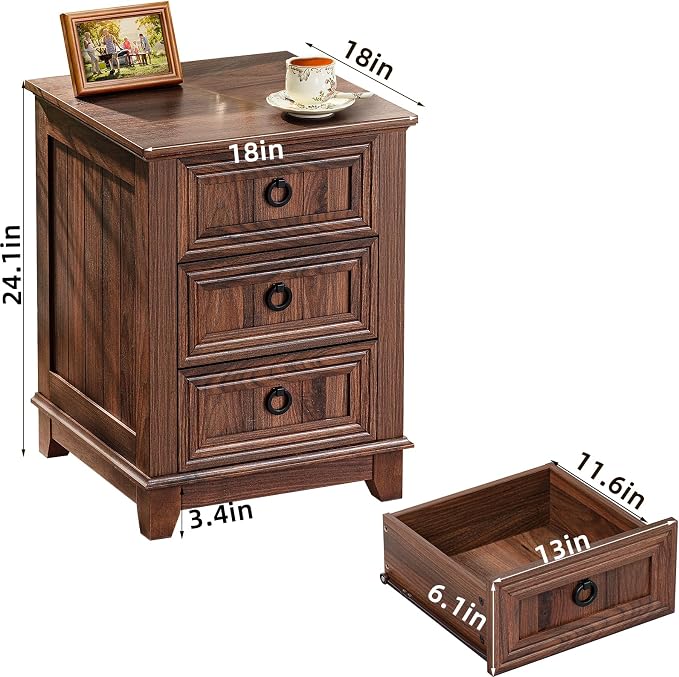 Joaxswe Farmhouse Nightstand Set of 2, 18 Inch End Table with 3 Drawer Metal Handle, Dresser for Bedroom, Sofa Bed Side Table Chest of Drawers,Wood Night Stand Cabinet for Organizer, Living Room-Brown - Image 3