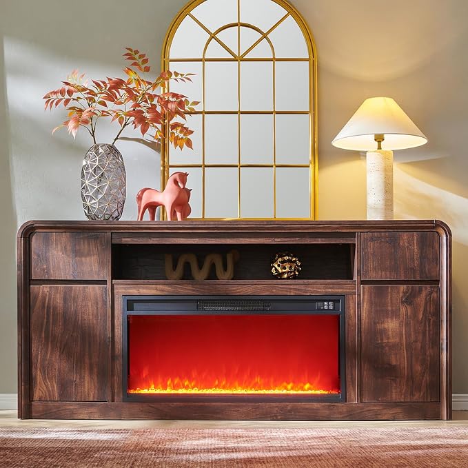 Modern Fireplace TV Stand with 36" LED Electric Fireplace for 80 inch TVs, 32" Tall Entertainment Center w/Drawers &Adjustable Shelves, Wood Media Console w/Curved Profile Design for Living Room,Brown - Image 3