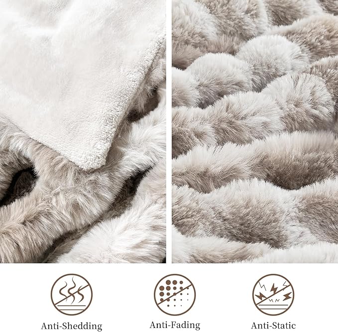 Faux Rabbit Fur Throw Blanket for Couch, Fluffy Warm Plush Thick Bubble Blanket for Bed Sofa Living Room, Soft Cozy Furry Blanket, 50x60 inches, Tie-dye Khaki