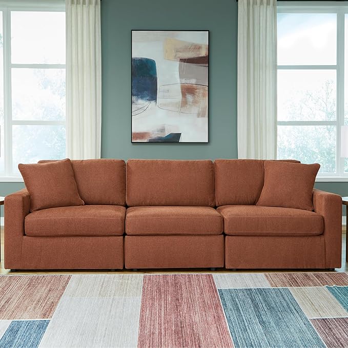Signature Design by Ashley Modmax Modern Modular Stain Resistant 3-Piece Sofa with Removable Covers and 2 Accent Pillows, Orange