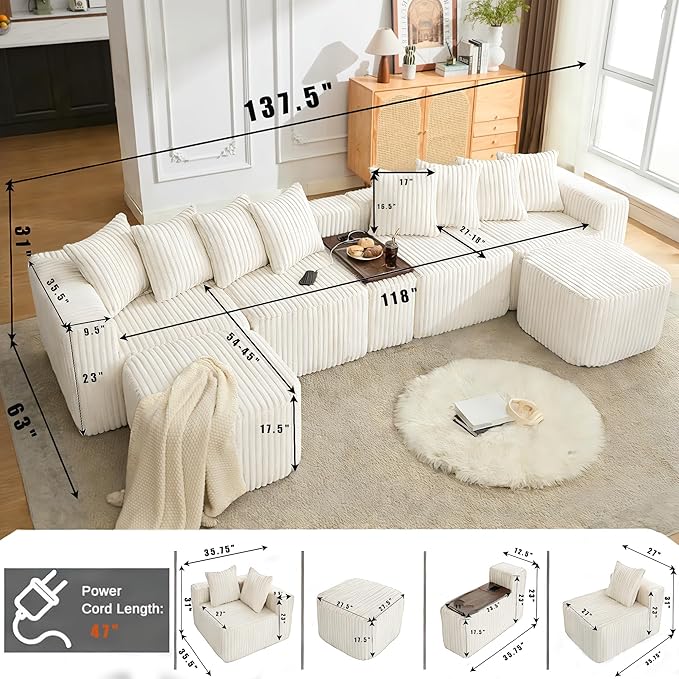 Oversized Cloud Modular Sectional Sofa Boneless Couch with Movable Ottomans,Free Combination Memory Foam Floor Couch with Charging Port & Cup Holders for Living Room | Coffee Table Board, Wireless Charge, No Assembly