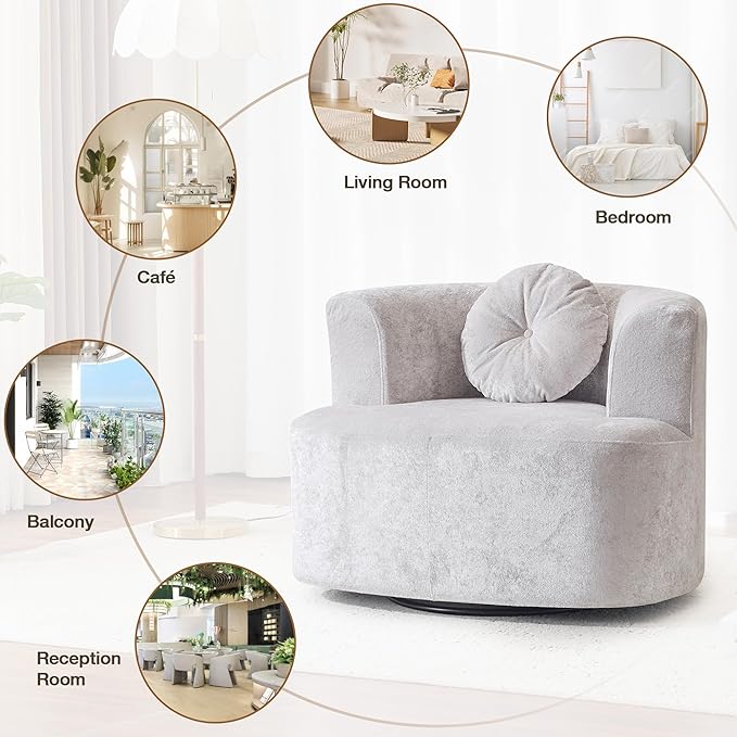 Oversized Swivel Barrel Chairs Set of 2,Modern Curved Back Single Sofa Chair, Comfy All-Foam Compression Upholstered Round Armchair with Pillow,Cozy Chenille Accent Chair for Living Room(Beige)