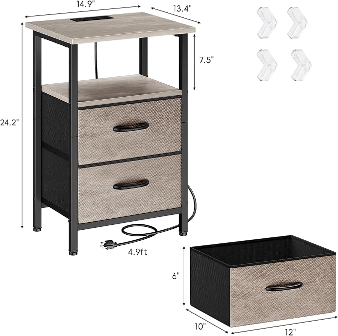 Vagusicc Night Stand Set 2, Nightstand with Charging Station, Bedside Tables with USB Ports and Outlets, 24.2" Tall End Table with Open Shelf, Bed Side Tables with 2 Fabric Drawers for Bedroom, Greige - Image 3