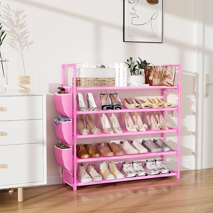 VILICK Shoe Rack for Closet Shoe Organizer Space Saver Storage for 20-25 Pair Shoe Shelf with Hook and Side Pocket Free Standing 5 Tier Shoe Rack Organizer for Entryway,Small Spaces, Pink - Image 2