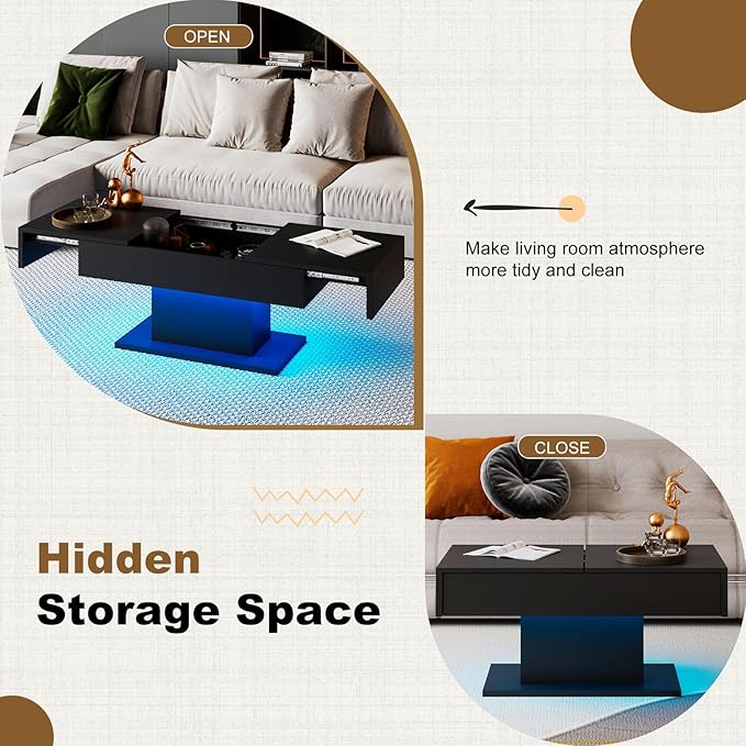 Black Modern Coffee Table with Hidden Storage for Living Room, Living Room Table Rectangular Center Tables Sliding Top with LED Lights, Wooden Cocktail Table for Reception Room