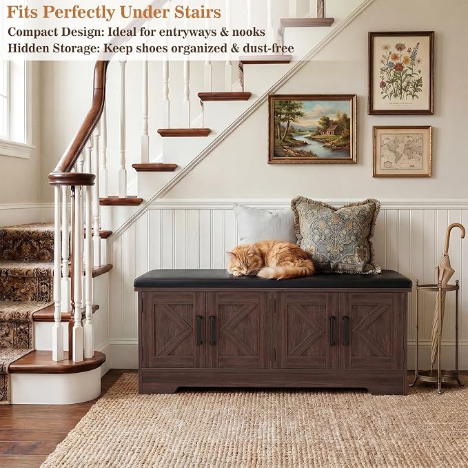 Farmhouse Shoe Storage Bench with Cushion - 43.3" Entryway Bench with Storage & 4 Barn Doors, 2-Tier Wooden Shoe Rack Bench, Shoe Cabinet & Mudroom Bench for Bedroom Hallway Living Room, Black Walnut - Image 9