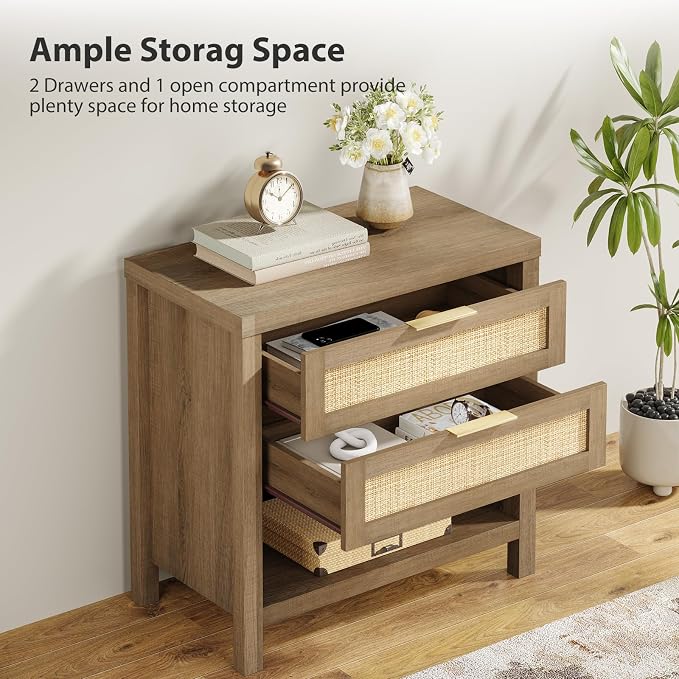 Eclatara Rattan Nightstands Set of 2, Farmhouse Bedside Table with 2 Drawers and Storage Shelf, Rattan Boho Accent Night Stands for Bedroom Large Space Sofa (2, Reclaimed Caramel Oak) - Image 4