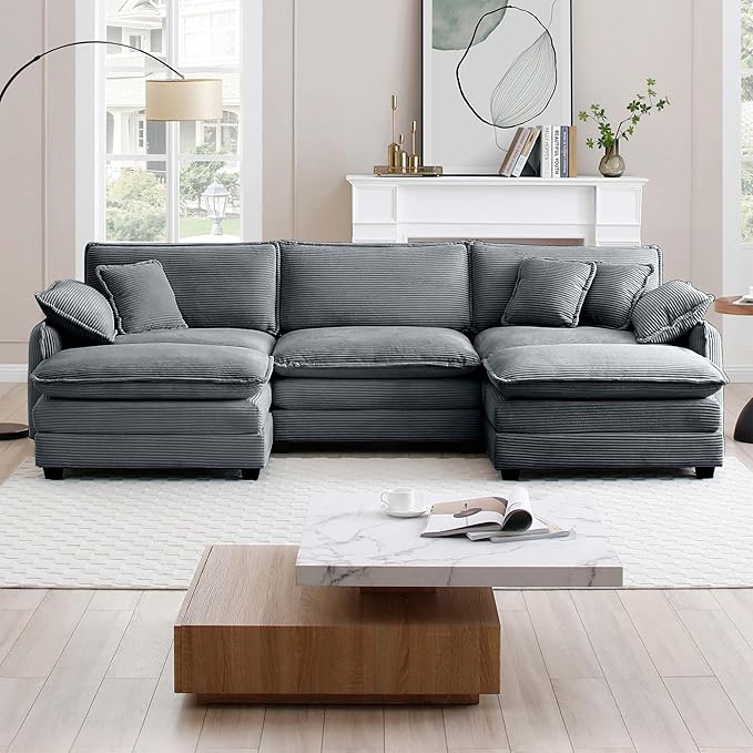 KEIKI 115" U-Shaped Oversized Corduroy Modular Sectional Sofa with 2 Ottoman, High-Density Foam Cushions, Removable Armrests, Upholstered 3-Seater Corner Couch with 5 Pillow, for Living Room, Grey