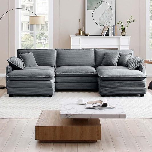 KEIKI 115" U-Shaped Oversized Corduroy Modular Sectional Sofa with 2 Ottoman, High-Density Foam Cushions, Removable Armrests, Upholstered 3-Seater Corner Couch with 5 Pillow, for Living Room, Grey