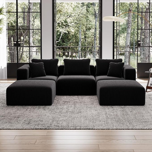 Avenco 106.2” U-Shaped Modular Sectional Sofa with 2 Ottomans, Individually Wrapped Coil Support & Corduroy Fabric, Zero Assembly 5-Piece Set for Mid-Size Living Room, Black