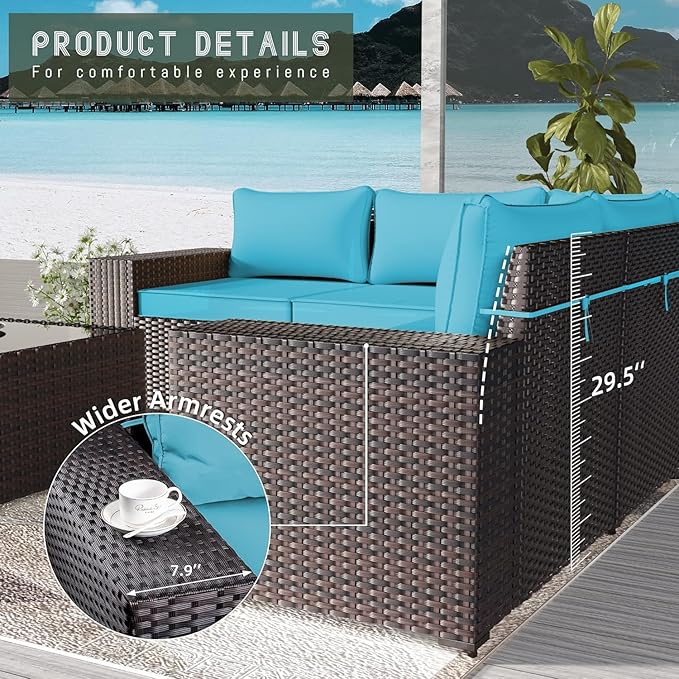 6 PCS Outdoor Patio Furniture Set,Outdoor Sectional Furniture All Weather PE Rattan Wicker Patio Conversation Set with Coffee Table and 5 Thickened Cushions,Turquoise Blue