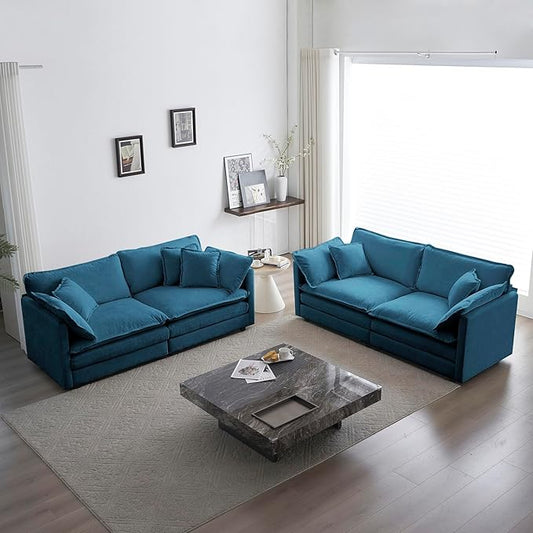 ERYE 2 PCS Oversized Living Room Sofa Sets Include Two Spacious Loveseats for 4-6 Persons, Modern Deep Seat Modular Cushions Sofa&Couch w/8 Pillows for Home,Apartment,Office, 76.7", Blue/2PCS