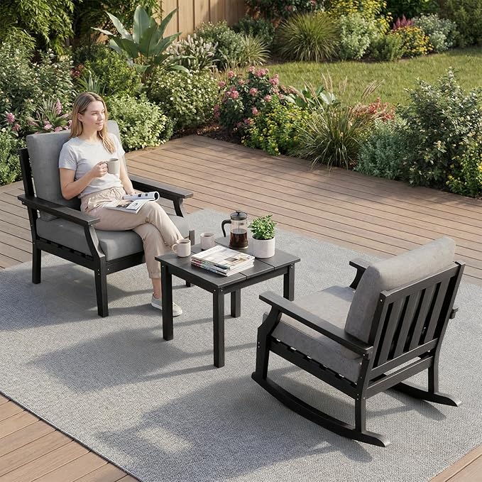 HDPE Patio Conversation Set, 3-Piece All Weather Outdoor Furniture Set with 1 Single Sofa，1 Rocking Sofa for Deck, Lawn, with Cushion, Black