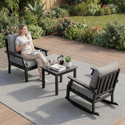 HDPE Patio Conversation Set, 3-Piece All Weather Outdoor Furniture Set with 1 Single Sofa，1 Rocking Sofa for Deck, Lawn, with Cushion, Black