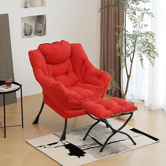 Furlide Lazy Chair with Ottoman, Modern Accent Chair with Armrests and a Side Pocket, Red Accent Chairs, Comfortable Reading Chairs, Oversized Armchairs for Bedroom, Study, Living Room, Courtyard