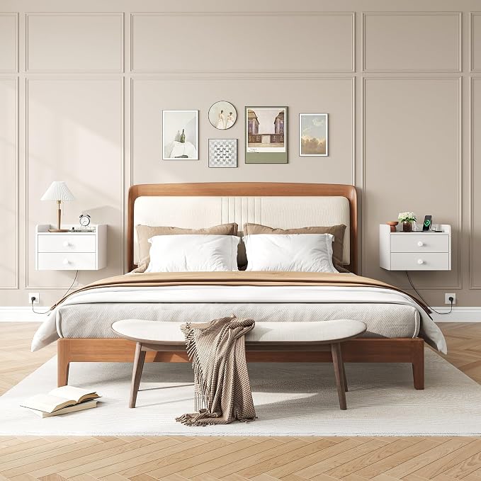 Floating Nightstand Set of 2 with 2 Storage Drawers and Charging Station Wood Wall Mounted Bedside End Table Modern Night Stands Set 2 for Bedroom,Small Space,White - Image 3