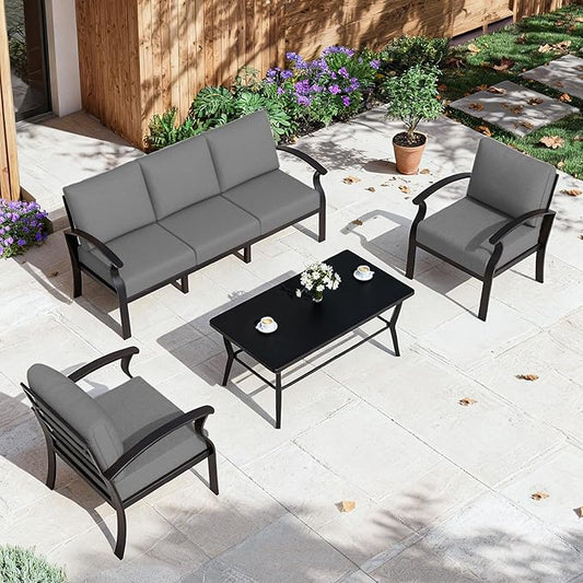 ALAULM Aluminum Patio Furniture Set with Coffee Table Rectangular，5-seat Outdoor Sectional Furniture w/Swivel Chairs，Patio Conversation Set for Porch, Backyard, Poolside-Grey