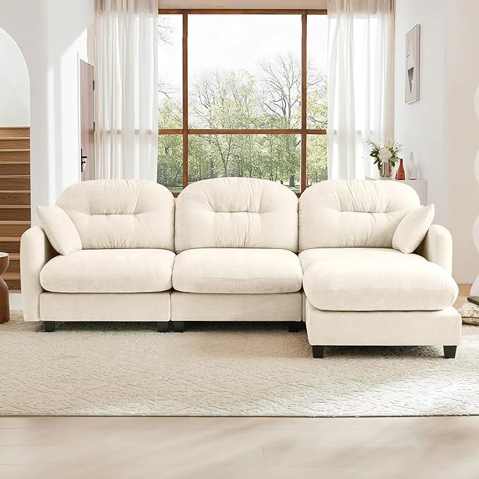 KEIKI 107" L-Shaped Oversized Chenille Modular Sectional Sofa with 1 Ottoman, High-Density Foam Cushions, Tufted Pleated Cushion Backrest, Modern 3-Seater Couch with 2 Pillow, for Living Room, Beige