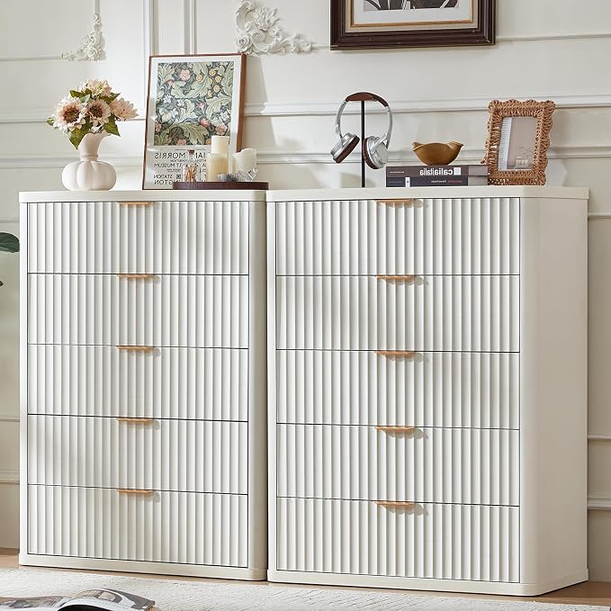 LEYAOYAO Fluted 5 Drawers Dresser Set of 2, 41" Tall Modern Chest of Drawers with Metal Handle, Curved Profile Dresser TV Stand, Wooden Drawer Organizer for Bedroom, Living Room, Hallway,Antique White by LEYAOYAO-Findtheshiningpointofyourideallife%EF%BC%81