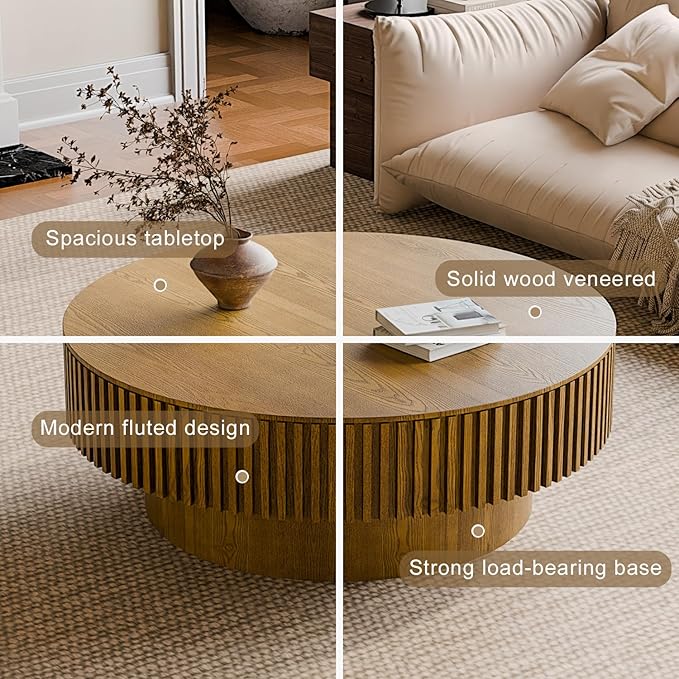 39'' Round Coffee Table with Storage, Modern Wooden Coffee Table with Solid Wood Veneered, Circle Center Table Accent Tea Table for Living Room Apartment Brown