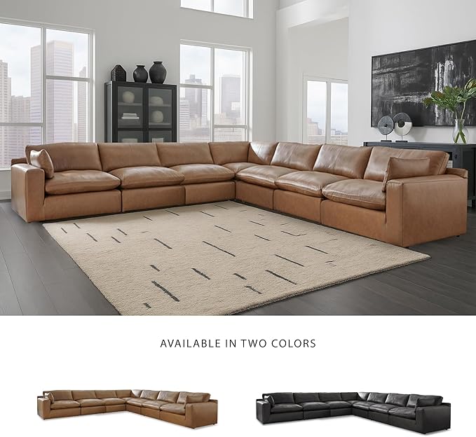 Signature Design by Ashley Emilia Modern L-Shaped Leather Match Modular Anti Sag 7-Piece Sectional with Loose Back Cushions and 2 Bolster Pillows, Orange