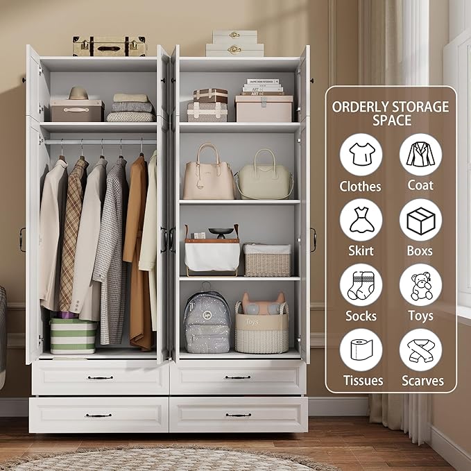 White Armoire Wardrobe Closet: 88" Extra Tall Wardrobe Cabinet with 4 Drawers, Large Wood Armoire Closet with 4 Doors, Modern Bedroom Armoires with Top Cabinet