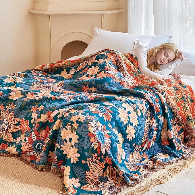 Boho Throw Blanket - 100% Cotton Ultra Soft Muslin Blanket, 90"x90" Lightweight Floral Framhouse Bedding Spring Blanket for Bed, All Season Green Bohemian Bedroom Home Decor Quilt