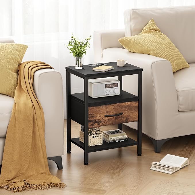 DUMOS Bedside Table with Charging Station and Adjustable Fabric Drawer Compact Nightstand 3-Tier Storage Organizer End Table for Bedroom,Black and Brown - Image 9