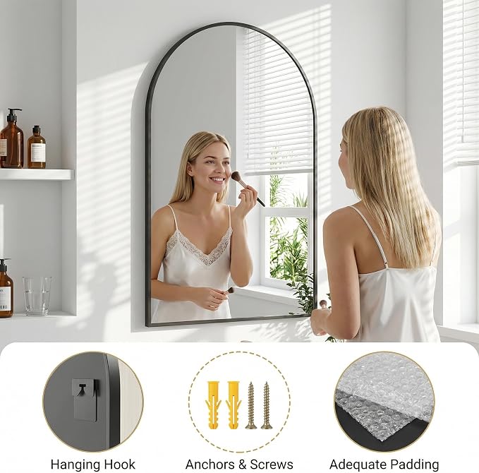 Antok Arched Bathroom Mirror, 26"x38" Wall Mounted Mirror, Vanity Mirrors for Over Sink, Aluminum Alloy Frame Bathroom Mirrors Living Room, Bedroom and Entryway, Black - Image 5