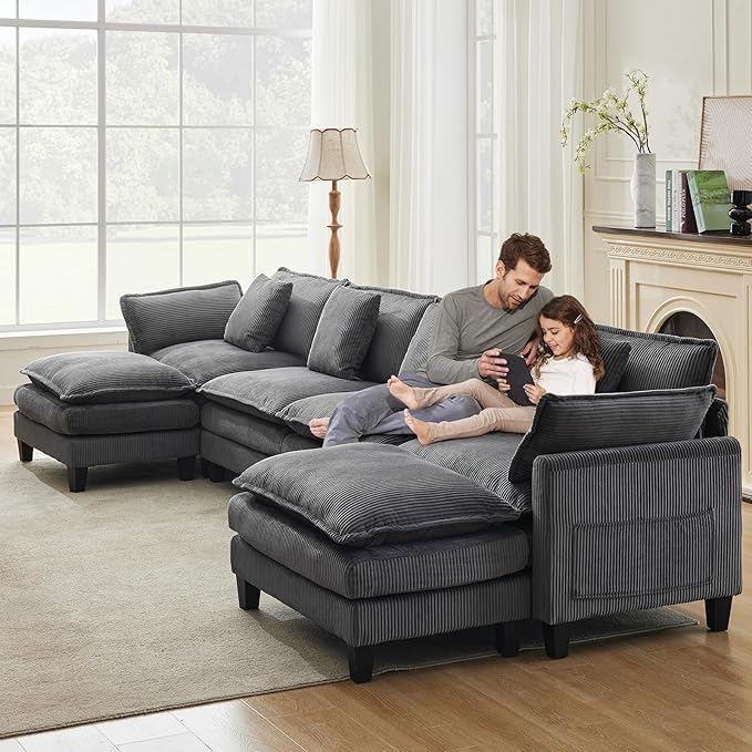 GarveeHome 147" U Modular Sectional Sofa, Corduroy Cloud Couch with Movable Ottoman & Throw Pillows, Modern L/U-Shaped Sofa, Comfy Deep Seat Couch for Living Rooms, Offices, Bedroom and Apartment