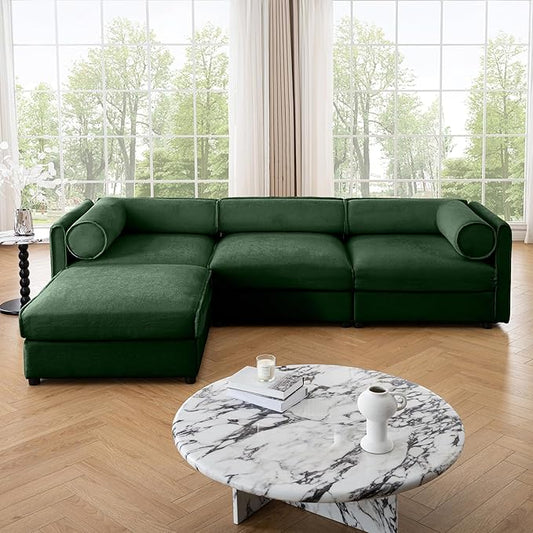 KEIKI 109" L-Shaped Modular Chenille Sectional Sofa with Storage Seat, 1 Ottoman, 3-Seater Couch with Cylindrical Backrest and Armrests, Easy Assembly, for Apartment, Living Room, Green
