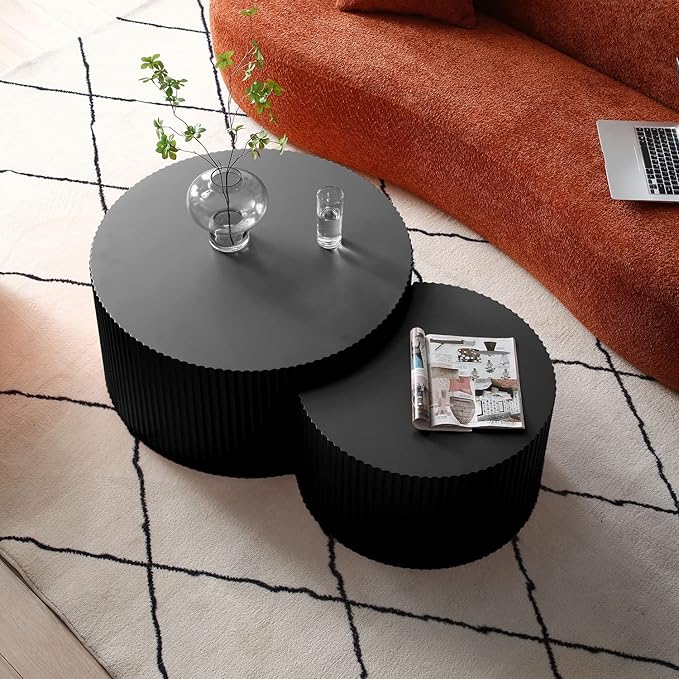 kevinplus 55.12'' Black Round Nesting Coffee Table Set of 2, Modern Side End Table for Living Room, Contemporary Wood Circle Embossed Crescent Design, No Assembly, Black