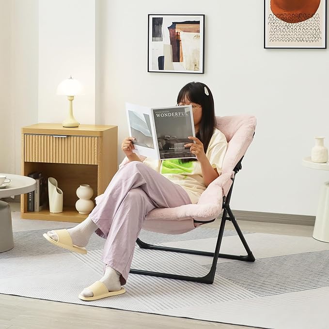 Comfy Saucer Chair for Adults, Soft Faux Fur Bedroom Chair with Ottoman, Accent Dorm Chairs, Living Room Reading Chairs and Footstool, Folding Seat for Teens, X-Large, Light Pink