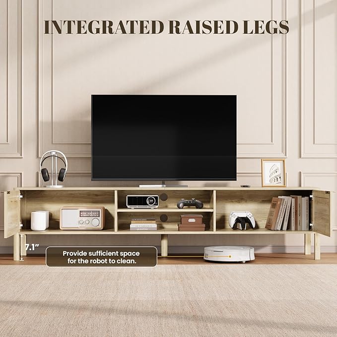 IKALIFE Rattan TV Stand for Living Room - Fits up to 80 Inch TVs, Rattan Media Console Table with Adjustable Shelves & 2 Storage Cabinets, Mid-Century Modern Entertainment Center, Oak 71" - Image 4