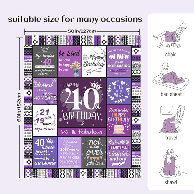 40th Birthday Gifts for Women, 40th Birthday Decorations for Women, 40 Year Old Gift for Woman, Turning 40-40 Year Old Bday Blanket 60"X50"
