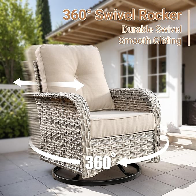 HOOOWOOO Outdoor Patio Furniture Set with Light Table,5 Pieces Wicker Conversation Set,All Weather High Back Couch Sofa Swivel Chairs Set,Beige