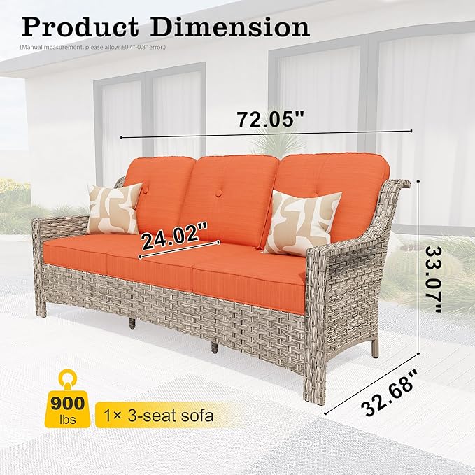 HOOOWOOO Patio Couch,Outdoor Wicker 3 Seater Sofa,All Weather Resistant High Back Rattan Deck Matching Furniture(Orange Red)