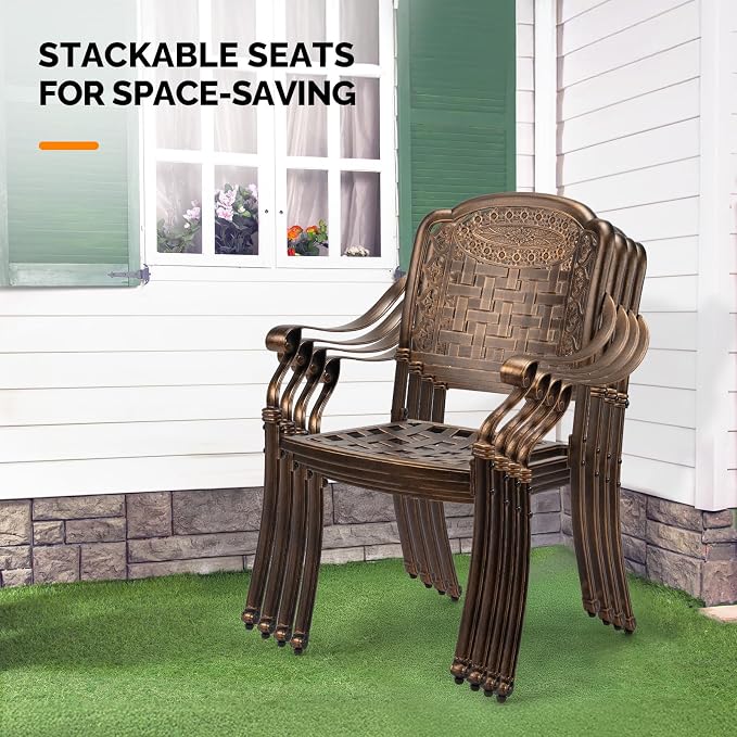 VINGLI Patio Chairs Set of 4- Stackable Outdoor Cast Aluminum Dining Chairs with Vintage Bronze Finish and Plaid Pattern, Metal Armchairs for Poolside, Backyard, Balcony (with Cushion) - Image 6